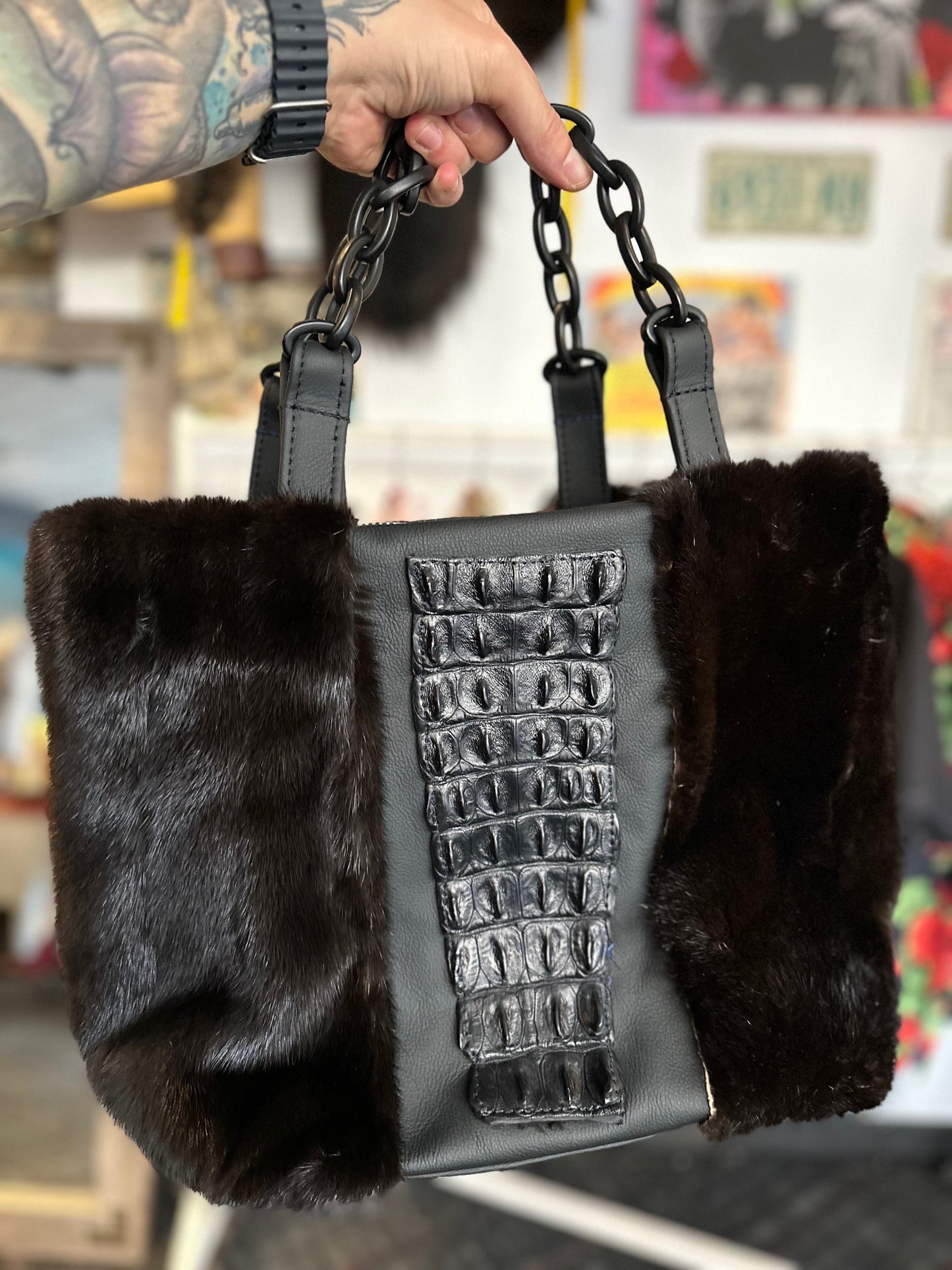 mink, Italian leather & alligator handbag