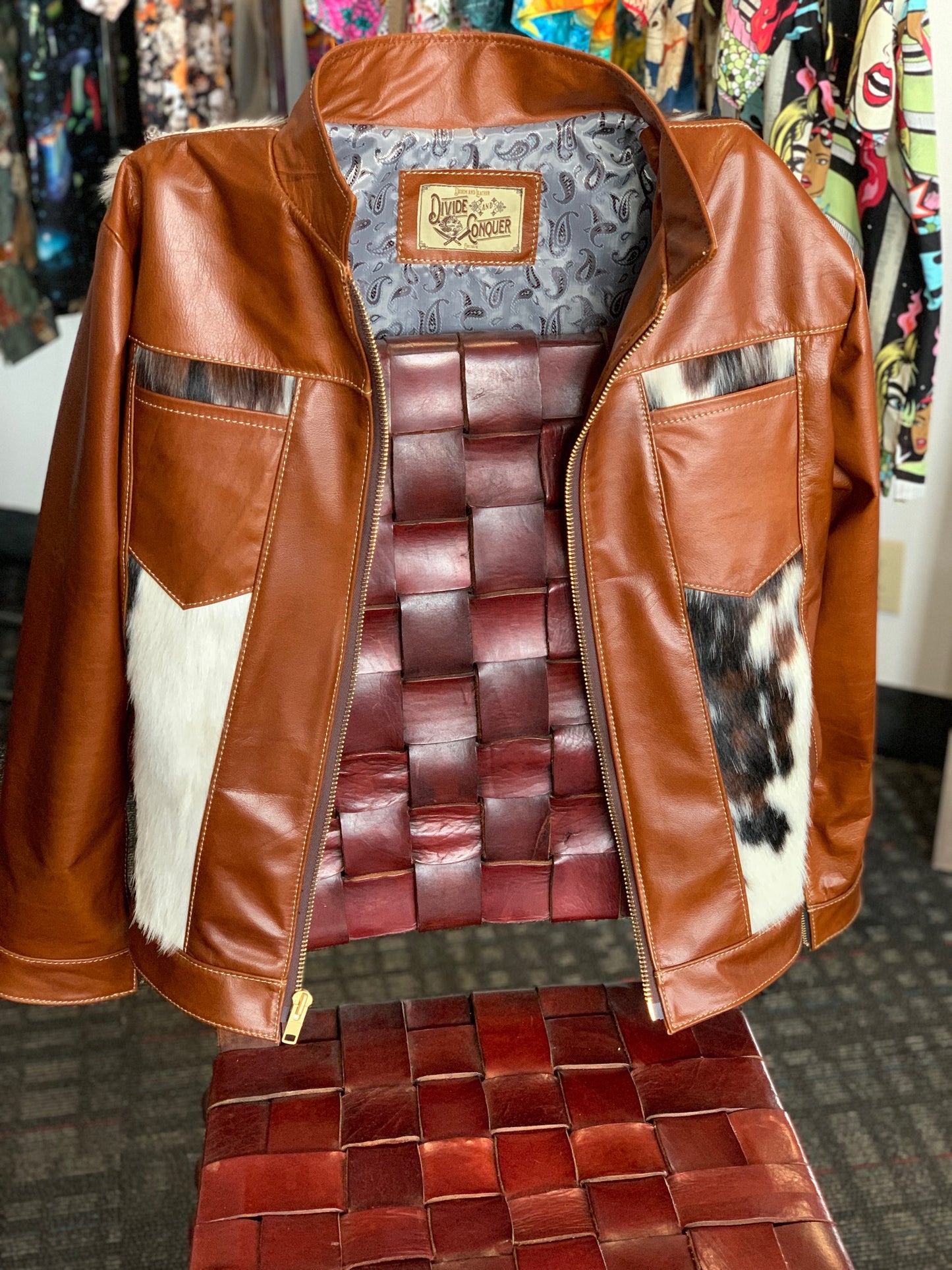 Italian leather and fur on cowhide leather jacket