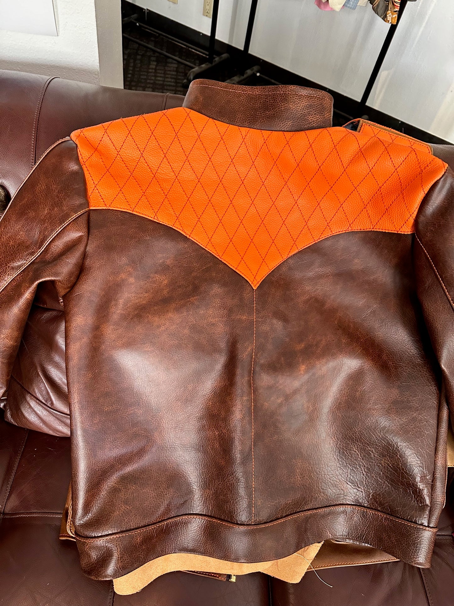 Italian leather shell jacket double shoulder tan leather