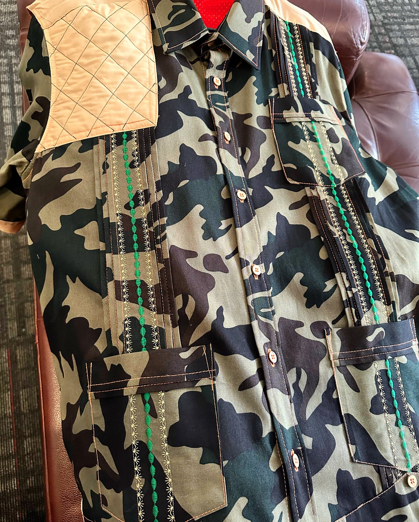 Camo and tan hunting guayabera