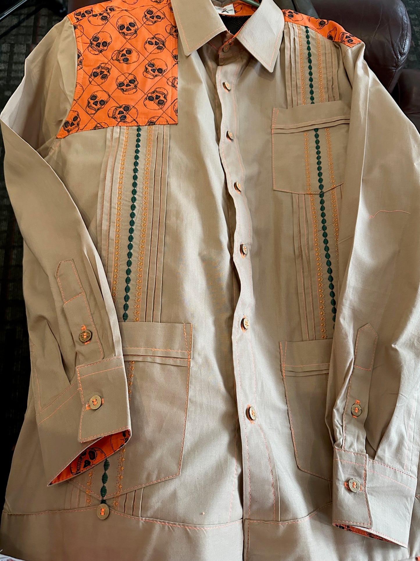 blaze orange skull and tan shooting guayabera (long sleeve)