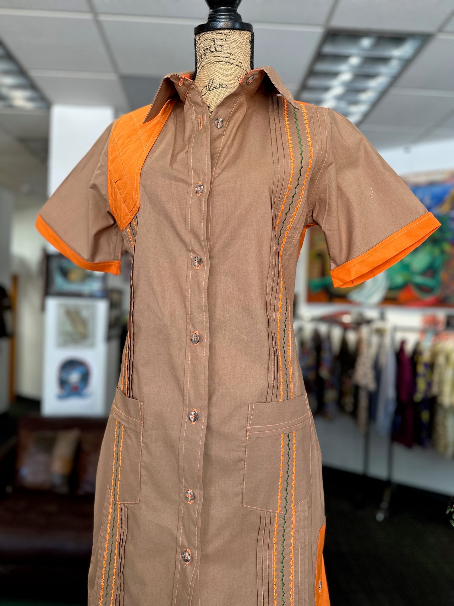 guayabera shooting dress tan & orange